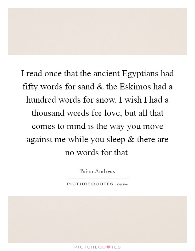 I read once that the ancient Egyptians had fifty words for sand and the Eskimos had a hundred words for snow. I wish I had a thousand words for love, but all that comes to mind is the way you move against me while you sleep and there are no words for that. Picture Quote #1