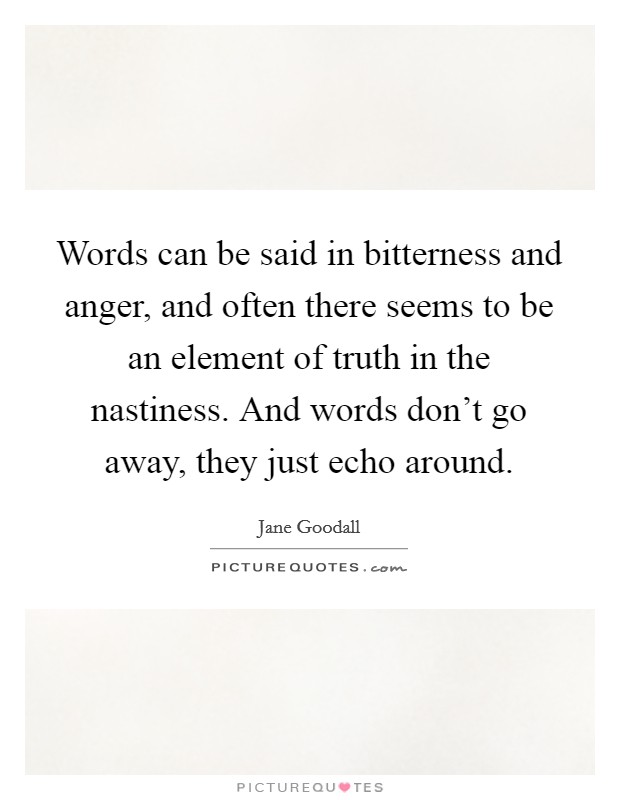 Words can be said in bitterness and anger, and often there seems to be an element of truth in the nastiness. And words don't go away, they just echo around. Picture Quote #1
