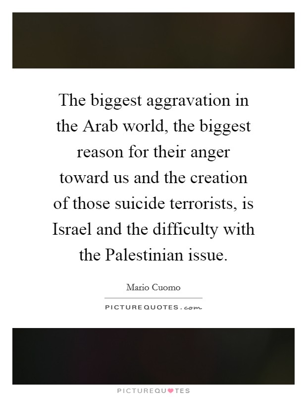 The biggest aggravation in the Arab world, the biggest reason for their anger toward us and the creation of those suicide terrorists, is Israel and the difficulty with the Palestinian issue. Picture Quote #1