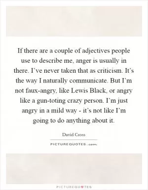 If there are a couple of adjectives people use to describe me, anger is usually in there. I’ve never taken that as criticism. It’s the way I naturally communicate. But I’m not faux-angry, like Lewis Black, or angry like a gun-toting crazy person. I’m just angry in a mild way - it’s not like I’m going to do anything about it Picture Quote #1