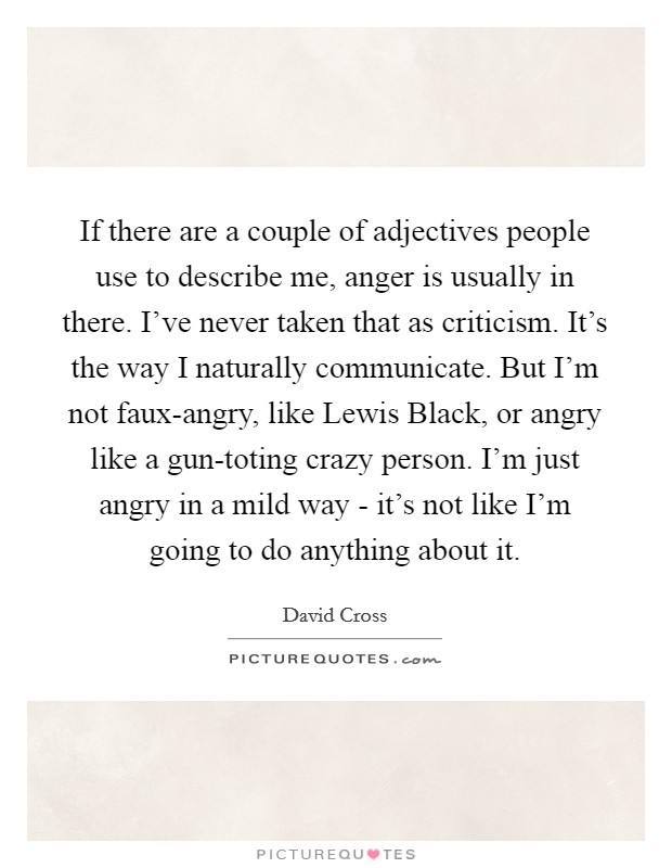 If there are a couple of adjectives people use to describe me, anger is usually in there. I've never taken that as criticism. It's the way I naturally communicate. But I'm not faux-angry, like Lewis Black, or angry like a gun-toting crazy person. I'm just angry in a mild way - it's not like I'm going to do anything about it. Picture Quote #1
