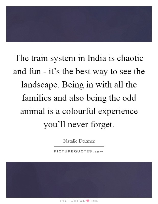 The train system in India is chaotic and fun - it's the best way to see the landscape. Being in with all the families and also being the odd animal is a colourful experience you'll never forget. Picture Quote #1