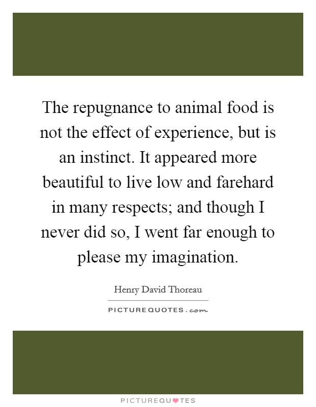 The repugnance to animal food is not the effect of experience, but is an instinct. It appeared more beautiful to live low and farehard in many respects; and though I never did so, I went far enough to please my imagination. Picture Quote #1