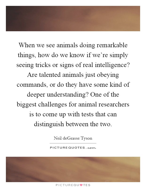 When we see animals doing remarkable things, how do we know if we're simply seeing tricks or signs of real intelligence? Are talented animals just obeying commands, or do they have some kind of deeper understanding? One of the biggest challenges for animal researchers is to come up with tests that can distinguish between the two. Picture Quote #1