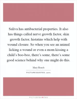 Saliva has antibacterial properties. It also has things called nerve growth factor, skin growth factor, histatins which help with wound closure. So when you see an animal licking a wound or even a mom kissing a child’s boo-boo, there’s some, there’s some good science behind why one might do this Picture Quote #1