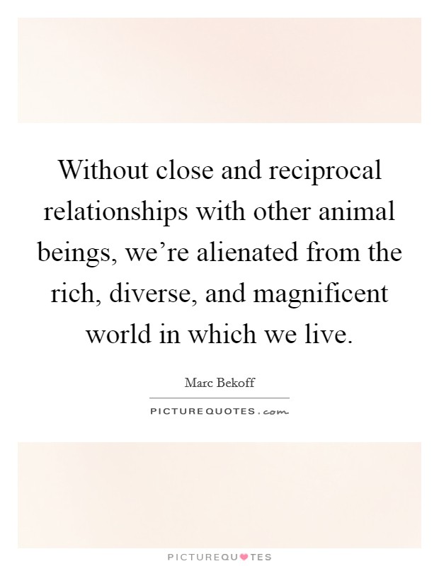 Without close and reciprocal relationships with other animal beings, we're alienated from the rich, diverse, and magnificent world in which we live. Picture Quote #1