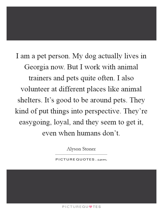 I am a pet person. My dog actually lives in Georgia now. But I work with animal trainers and pets quite often. I also volunteer at different places like animal shelters. It's good to be around pets. They kind of put things into perspective. They're easygoing, loyal, and they seem to get it, even when humans don't. Picture Quote #1