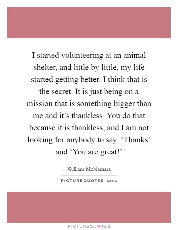 I started volunteering at an animal shelter, and little by little, my life started getting better. I think that is the secret. It is just being on a mission that is something bigger than me and it's thankless. You do that because it is thankless, and I am not looking for anybody to say, ‘Thanks' and ‘You are great!' Picture Quote #1