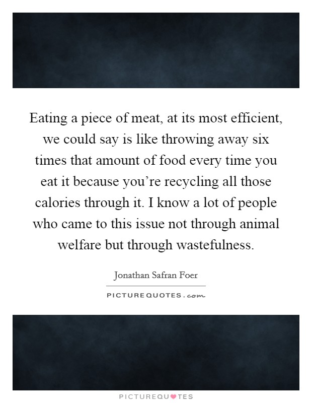 Eating a piece of meat, at its most efficient, we could say is like throwing away six times that amount of food every time you eat it because you're recycling all those calories through it. I know a lot of people who came to this issue not through animal welfare but through wastefulness. Picture Quote #1