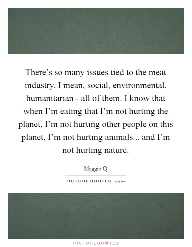 There's so many issues tied to the meat industry. I mean, social, environmental, humanitarian - all of them. I know that when I'm eating that I'm not hurting the planet, I'm not hurting other people on this planet, I'm not hurting animals... and I'm not hurting nature. Picture Quote #1