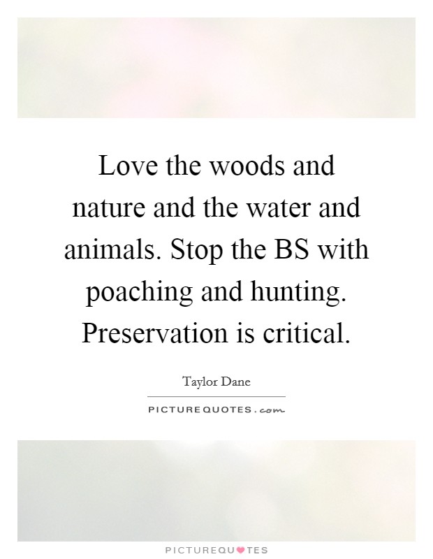 Love the woods and nature and the water and animals. Stop the BS with poaching and hunting. Preservation is critical. Picture Quote #1
