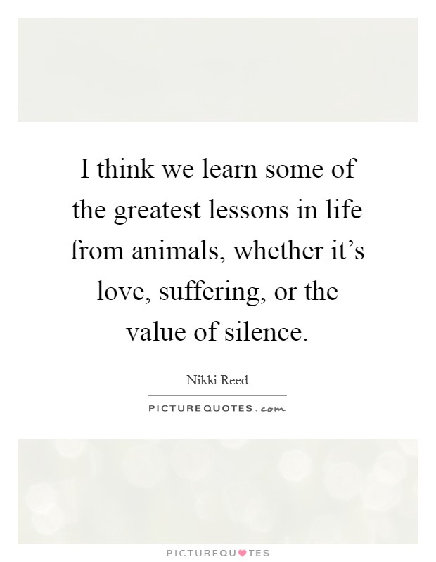 I think we learn some of the greatest lessons in life from animals, whether it's love, suffering, or the value of silence. Picture Quote #1