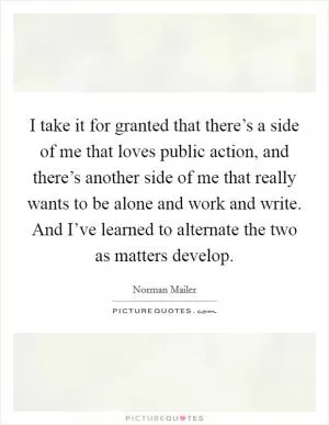 I take it for granted that there’s a side of me that loves public action, and there’s another side of me that really wants to be alone and work and write. And I’ve learned to alternate the two as matters develop Picture Quote #1