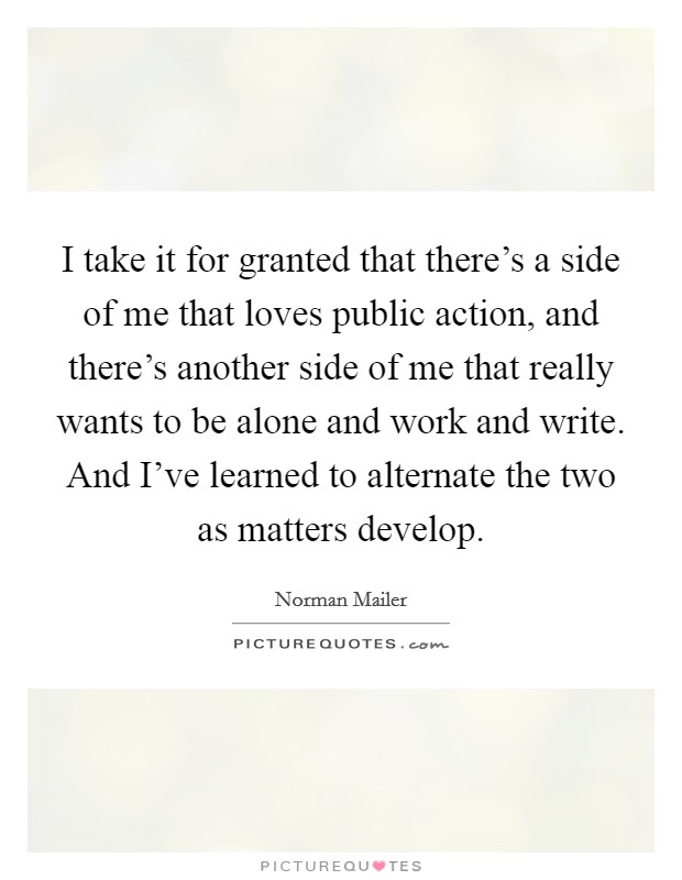I take it for granted that there's a side of me that loves public action, and there's another side of me that really wants to be alone and work and write. And I've learned to alternate the two as matters develop. Picture Quote #1