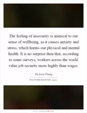 The feeling of insecurity is inimical to our sense of wellbeing, as it causes anxiety and stress, which harms our physical and mental health. It is no surprise then that, according to some surveys, workers across the world value job security more highly than wages Picture Quote #1