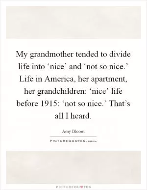 My grandmother tended to divide life into ‘nice’ and ‘not so nice.’ Life in America, her apartment, her grandchildren: ‘nice’ life before 1915: ‘not so nice.’ That’s all I heard Picture Quote #1