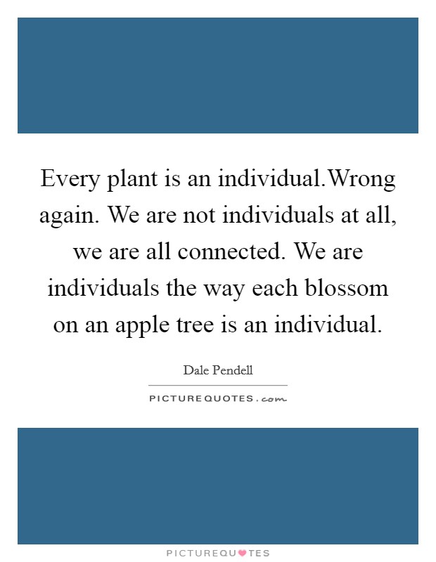 Every plant is an individual.Wrong again. We are not individuals at all, we are all connected. We are individuals the way each blossom on an apple tree is an individual. Picture Quote #1