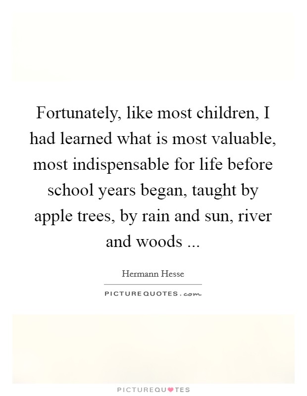 Fortunately, like most children, I had learned what is most valuable, most indispensable for life before school years began, taught by apple trees, by rain and sun, river and woods ... Picture Quote #1