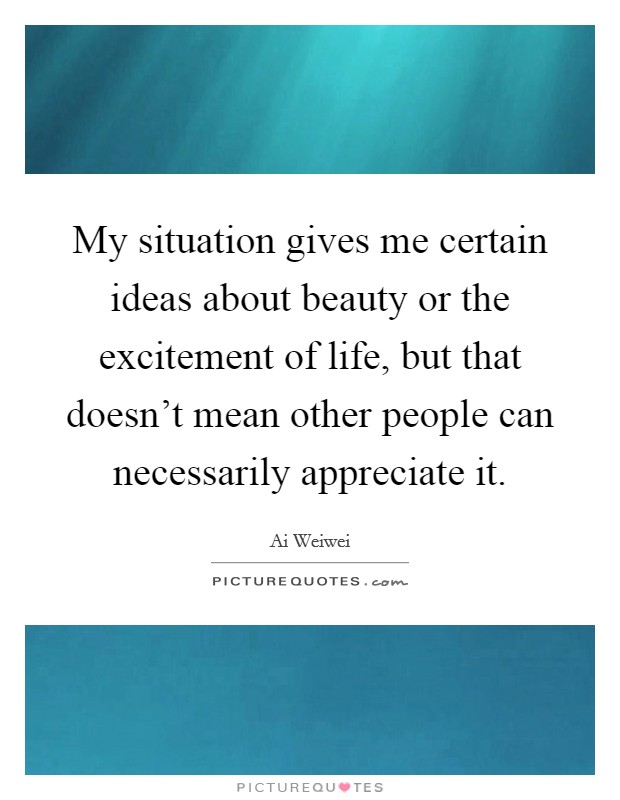 My situation gives me certain ideas about beauty or the excitement of life, but that doesn't mean other people can necessarily appreciate it. Picture Quote #1