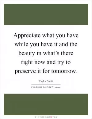 Appreciate what you have while you have it and the beauty in what’s there right now and try to preserve it for tomorrow Picture Quote #1