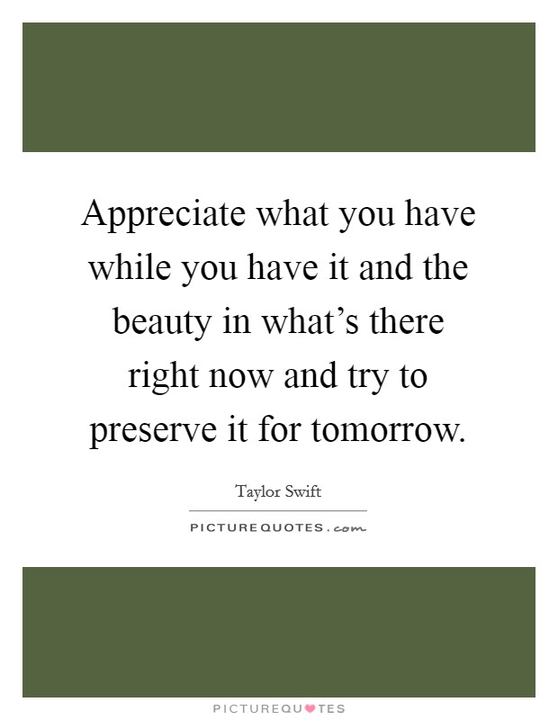 Appreciate what you have while you have it and the beauty in what's there right now and try to preserve it for tomorrow. Picture Quote #1
