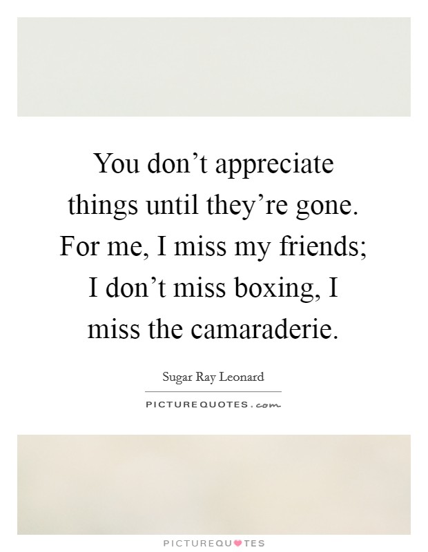 You don't appreciate things until they're gone. For me, I miss my friends; I don't miss boxing, I miss the camaraderie. Picture Quote #1