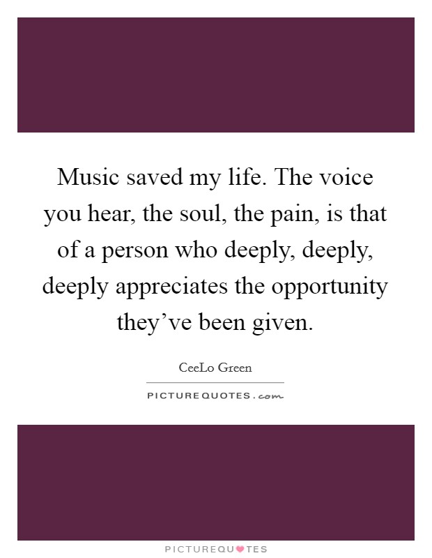 Music saved my life. The voice you hear, the soul, the pain, is that of a person who deeply, deeply, deeply appreciates the opportunity they've been given. Picture Quote #1