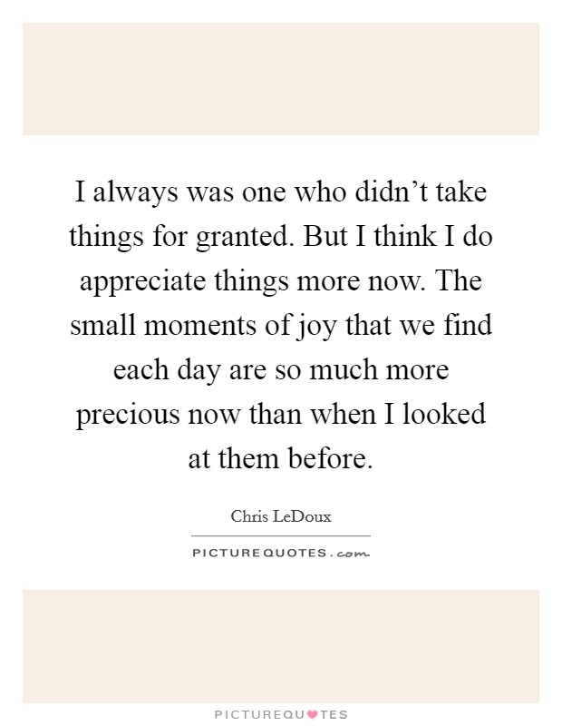 I always was one who didn't take things for granted. But I think I do appreciate things more now. The small moments of joy that we find each day are so much more precious now than when I looked at them before. Picture Quote #1