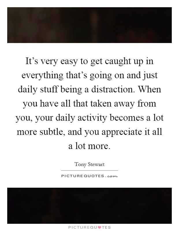 It's very easy to get caught up in everything that's going on and just daily stuff being a distraction. When you have all that taken away from you, your daily activity becomes a lot more subtle, and you appreciate it all a lot more. Picture Quote #1