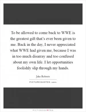 To be allowed to come back to WWE is the greatest gift that’s ever been given to me. Back in the day, I never appreciated what WWE had given me, because I was in too much disarray and too confused about my own life. I let opportunities foolishly slip through my hands Picture Quote #1