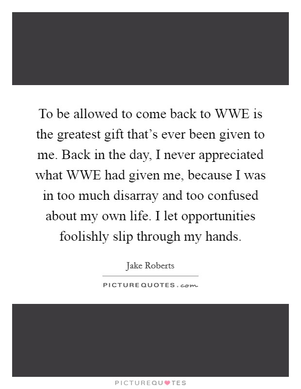 To be allowed to come back to WWE is the greatest gift that's ever been given to me. Back in the day, I never appreciated what WWE had given me, because I was in too much disarray and too confused about my own life. I let opportunities foolishly slip through my hands. Picture Quote #1