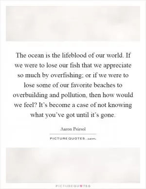 The ocean is the lifeblood of our world. If we were to lose our fish that we appreciate so much by overfishing; or if we were to lose some of our favorite beaches to overbuilding and pollution, then how would we feel? It’s become a case of not knowing what you’ve got until it’s gone Picture Quote #1