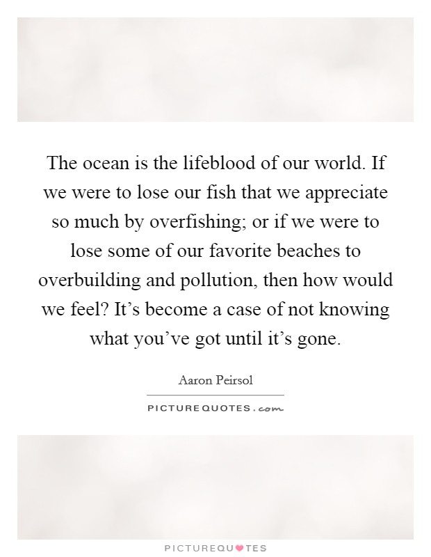 The ocean is the lifeblood of our world. If we were to lose our fish that we appreciate so much by overfishing; or if we were to lose some of our favorite beaches to overbuilding and pollution, then how would we feel? It's become a case of not knowing what you've got until it's gone. Picture Quote #1