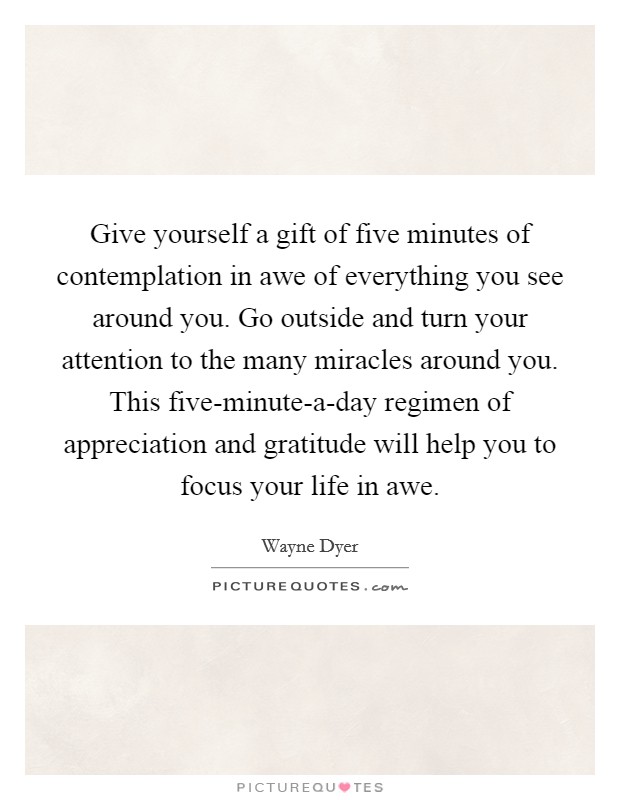 Give yourself a gift of five minutes of contemplation in awe of everything you see around you. Go outside and turn your attention to the many miracles around you. This five-minute-a-day regimen of appreciation and gratitude will help you to focus your life in awe. Picture Quote #1