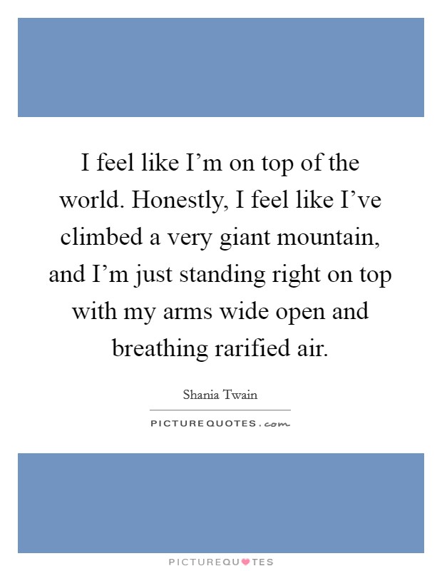 I feel like I'm on top of the world. Honestly, I feel like I've climbed a very giant mountain, and I'm just standing right on top with my arms wide open and breathing rarified air. Picture Quote #1