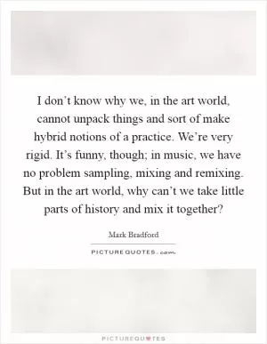 I don’t know why we, in the art world, cannot unpack things and sort of make hybrid notions of a practice. We’re very rigid. It’s funny, though; in music, we have no problem sampling, mixing and remixing. But in the art world, why can’t we take little parts of history and mix it together? Picture Quote #1