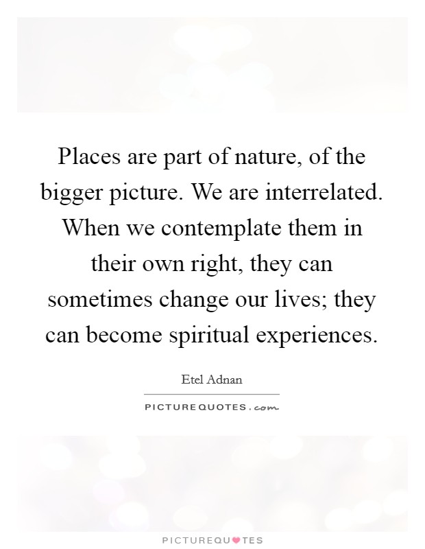 Places are part of nature, of the bigger picture. We are interrelated. When we contemplate them in their own right, they can sometimes change our lives; they can become spiritual experiences. Picture Quote #1