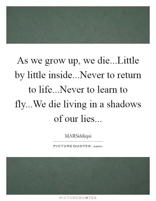 As we grow up, we die...Little by little inside...Never to return to life...Never to learn to fly...We die living in a shadows of our lies... Picture Quote #1