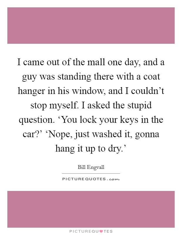 I came out of the mall one day, and a guy was standing there with a coat hanger in his window, and I couldn't stop myself. I asked the stupid question. ‘You lock your keys in the car?' ‘Nope, just washed it, gonna hang it up to dry.' Picture Quote #1