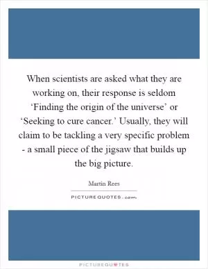When scientists are asked what they are working on, their response is seldom ‘Finding the origin of the universe’ or ‘Seeking to cure cancer.’ Usually, they will claim to be tackling a very specific problem - a small piece of the jigsaw that builds up the big picture Picture Quote #1