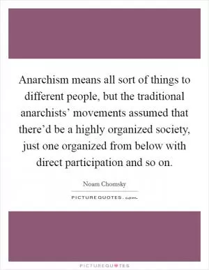 Anarchism means all sort of things to different people, but the traditional anarchists’ movements assumed that there’d be a highly organized society, just one organized from below with direct participation and so on Picture Quote #1