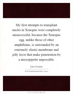 My first attempts to transplant nuclei in Xenopus were completely unsuccessful, because the Xenopus egg, unlike those of other amphibians, is surrounded by an extremely elastic membrane and jelly layer that make penetration by a micropipette impossible Picture Quote #1