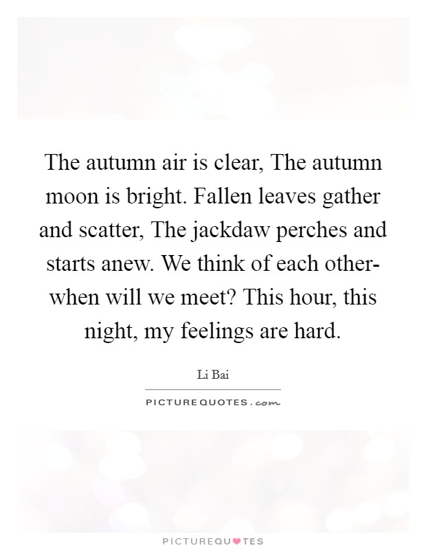 The autumn air is clear, The autumn moon is bright. Fallen leaves gather and scatter, The jackdaw perches and starts anew. We think of each other- when will we meet? This hour, this night, my feelings are hard. Picture Quote #1