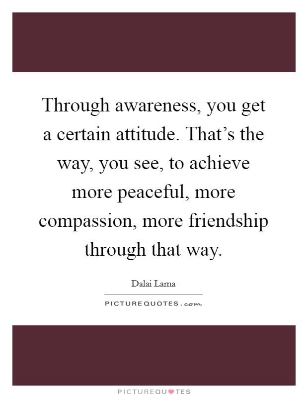 Through awareness, you get a certain attitude. That's the way, you see, to achieve more peaceful, more compassion, more friendship through that way. Picture Quote #1