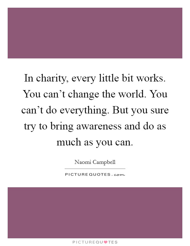 In charity, every little bit works. You can't change the world. You can't do everything. But you sure try to bring awareness and do as much as you can. Picture Quote #1