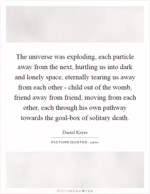 The universe was exploding, each particle away from the next, hurtling us into dark and lonely space, eternally tearing us away from each other - child out of the womb, friend away from friend, moving from each other, each through his own pathway towards the goal-box of solitary death Picture Quote #1