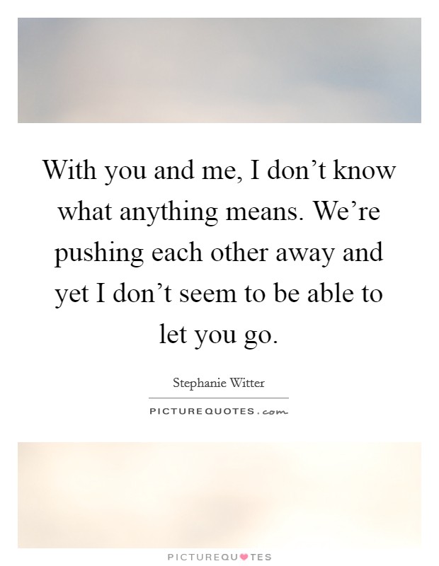 With you and me, I don't know what anything means. We're pushing each other away and yet I don't seem to be able to let you go. Picture Quote #1