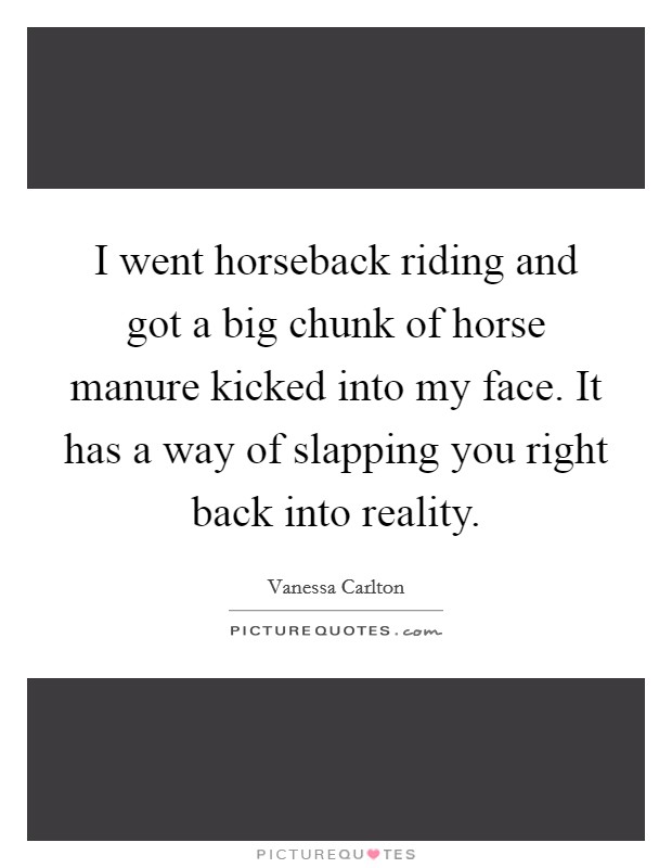 I went horseback riding and got a big chunk of horse manure kicked into my face. It has a way of slapping you right back into reality. Picture Quote #1