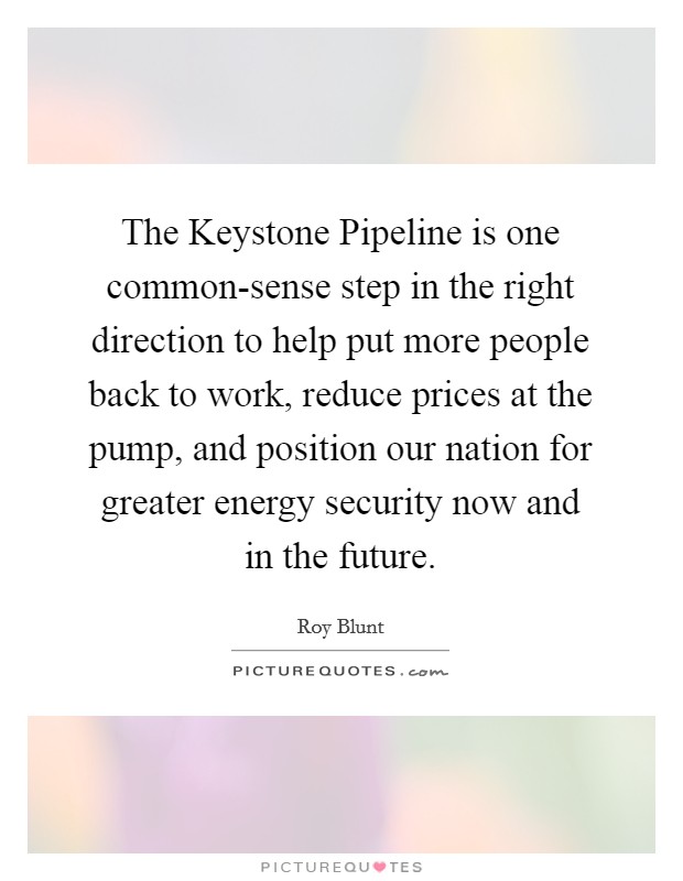 The Keystone Pipeline is one common-sense step in the right direction to help put more people back to work, reduce prices at the pump, and position our nation for greater energy security now and in the future. Picture Quote #1