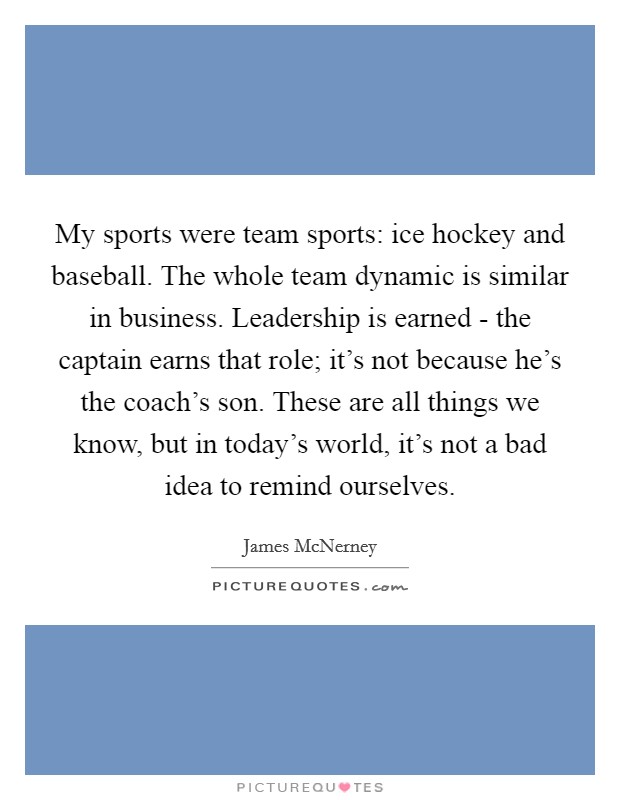 My sports were team sports: ice hockey and baseball. The whole team dynamic is similar in business. Leadership is earned - the captain earns that role; it's not because he's the coach's son. These are all things we know, but in today's world, it's not a bad idea to remind ourselves. Picture Quote #1